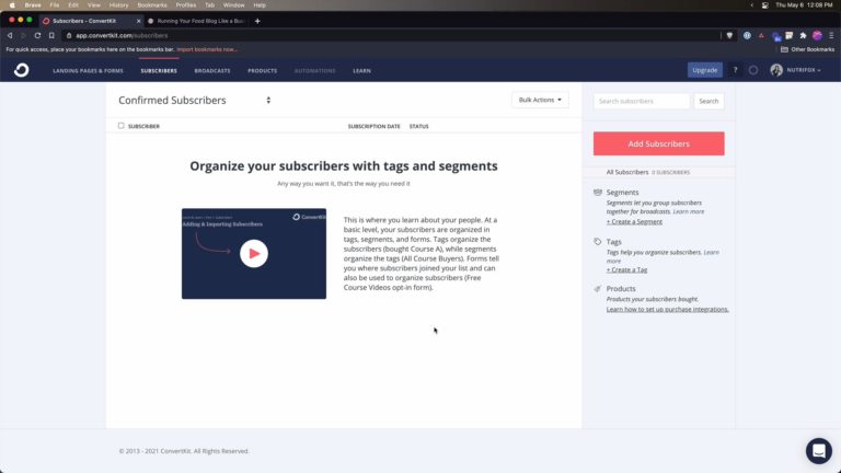 Screenshot of confirmed subscribers page on ConvertKit