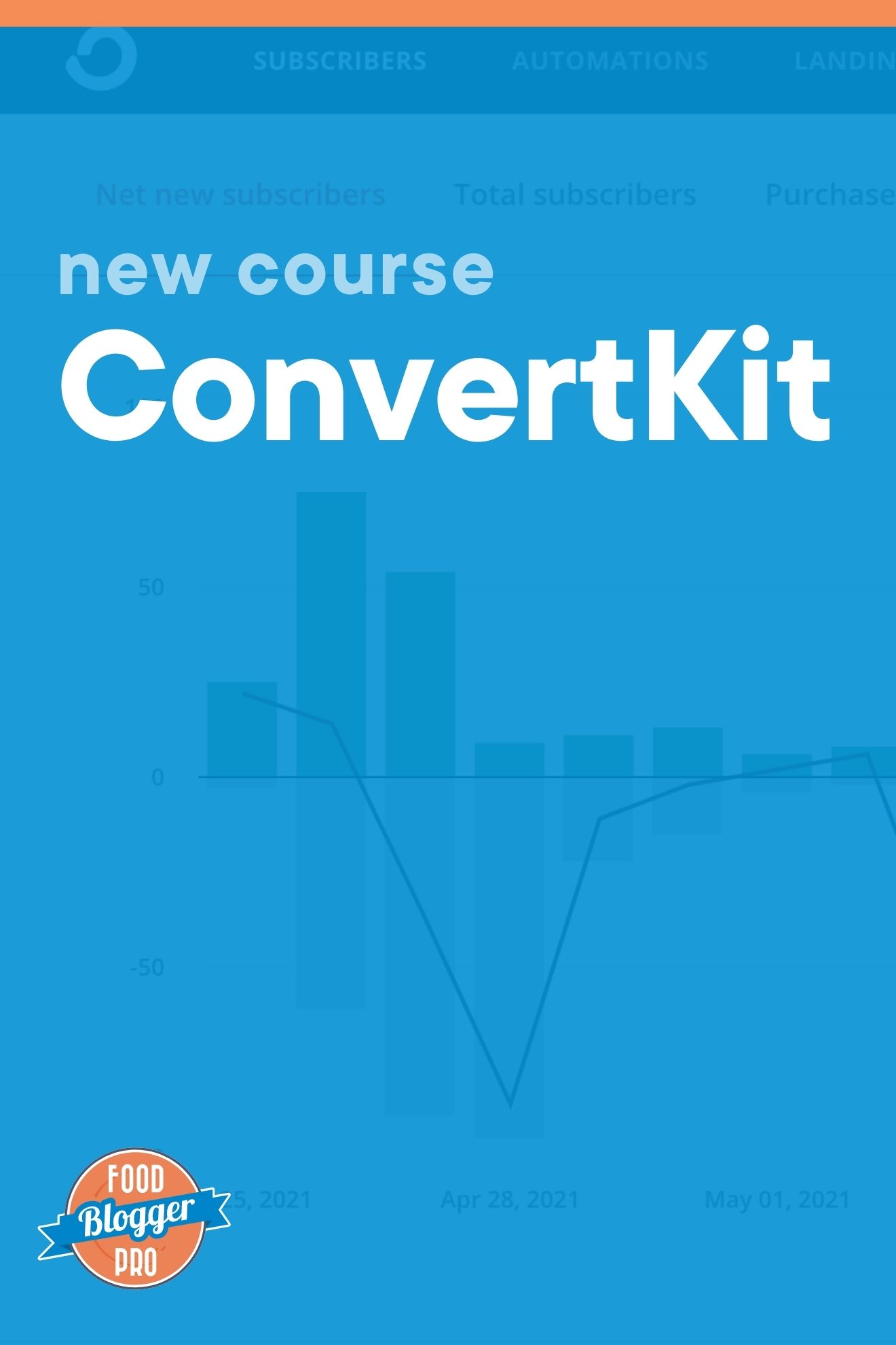 Blue graphic of ConvertKit home page that reads 'New Course: ConvertKit' with Food Blogger Pro logo