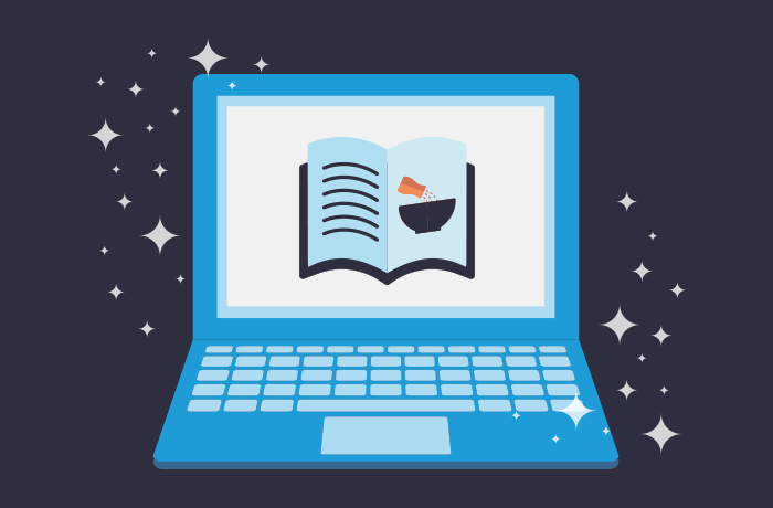 Graphic of blue laptop in front of a dark blue background with a recipe book graphic on the screen
