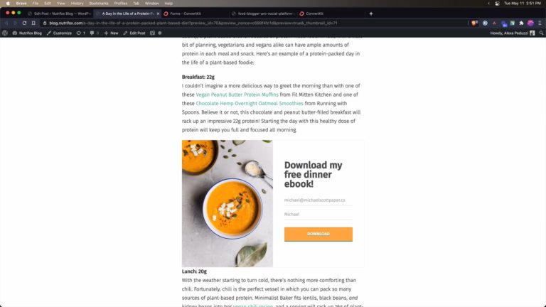 Screenshot of WordPress post with a ConvertKit form embedded