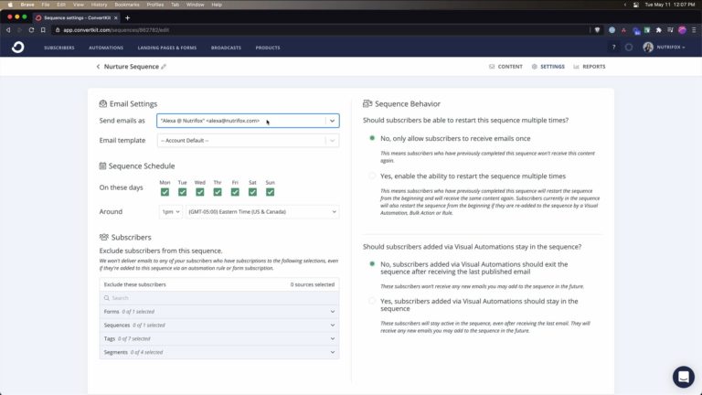 Screenshot of nurture sequence settings in ConvertKit