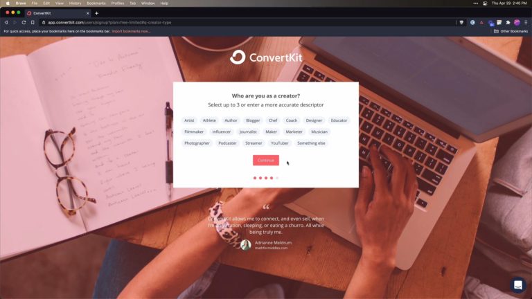 Screenshot of account creation page in ConvertKit