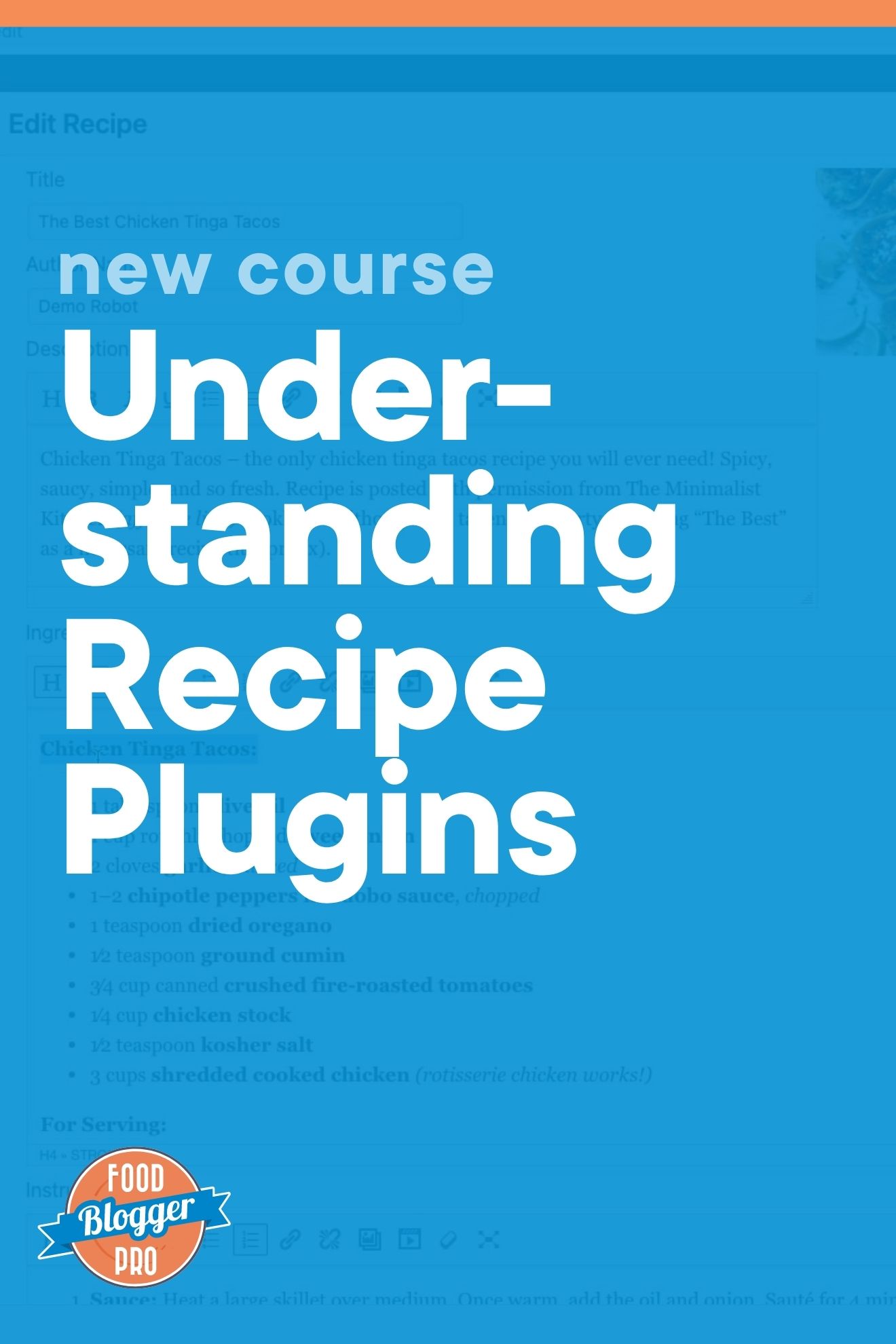 Blue graphic that reads 'New Course: Understanding Recipe Plugins' with Food Blogger Pro logo at the bottom