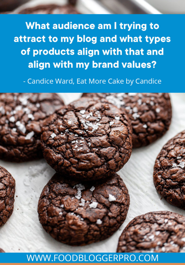 A quote from Candice Ward’s appearance on the Food Blogger Pro podcast that says, 'What audience am I trying to attract to my blog and what types of products align with that and align with my brand values?'
