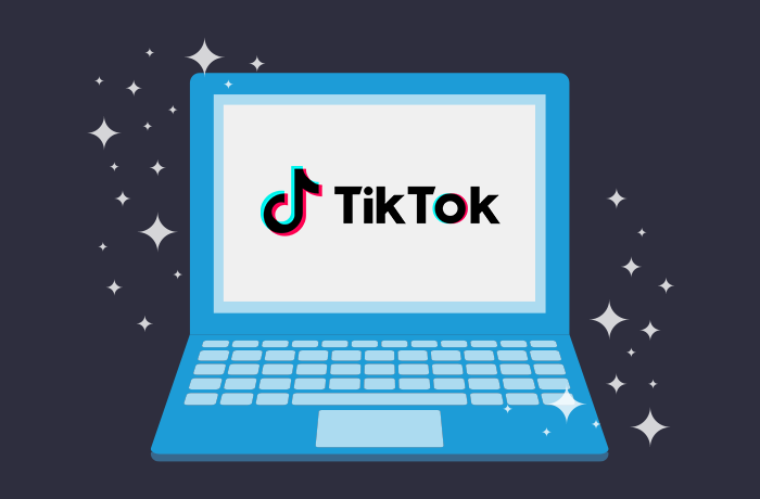 Blue laptop graphic against a dark blue background that has the TikTok logo on it
