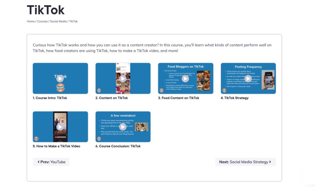 Screenshot of the TikTok course on Food Blogger Pro