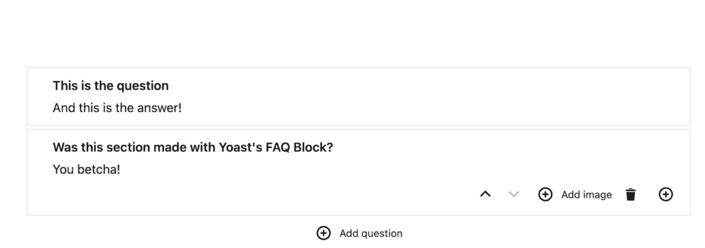 The Yoast FAQ block in a post editor