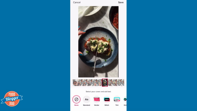 Blue slide with Food Blogger Pro logo and screenshot of selecting a cover for a TikTok video