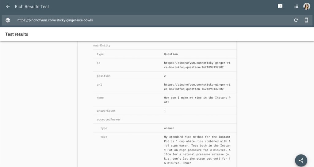 structured data for FAQ data in the Rich Results test