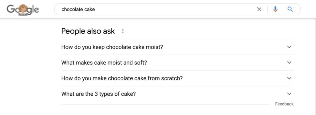 The People Also Ask box in a Google Search Result for 'chocolate cake'