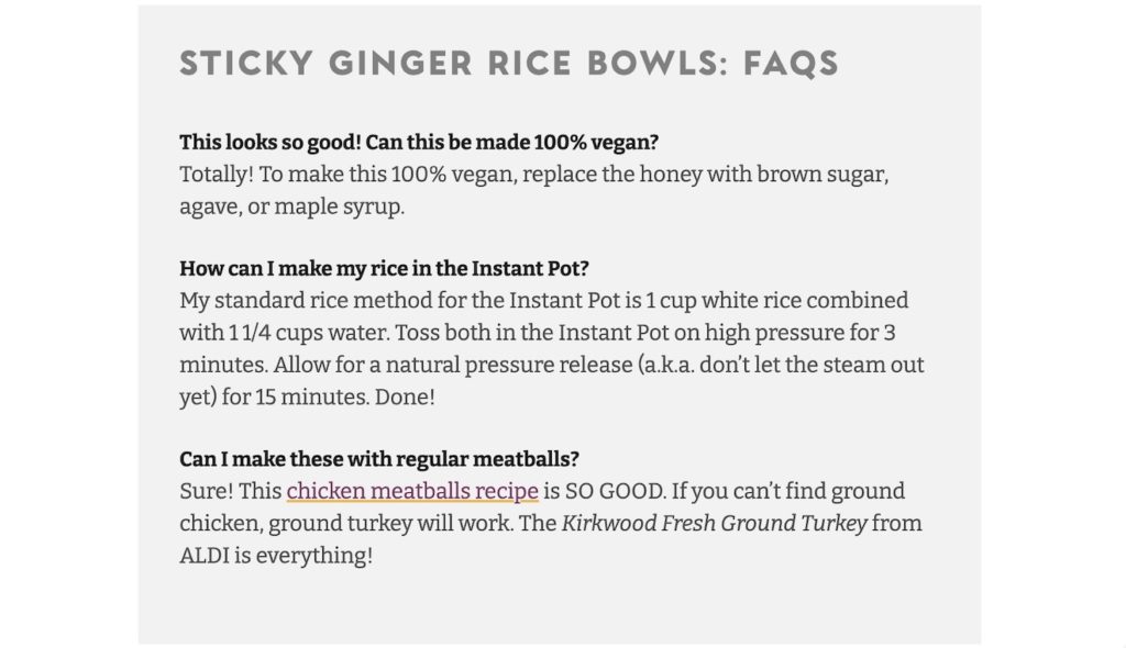 The FAQ block for the Sticky Ginger Rice Bowls on Pinch of Yum using the Yoast FAQ block
