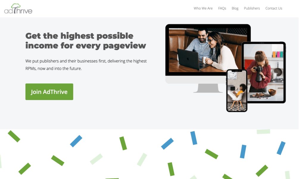 Screenshot of the AdThrive homepage that reads 'Get the highest possible income for every pageview'