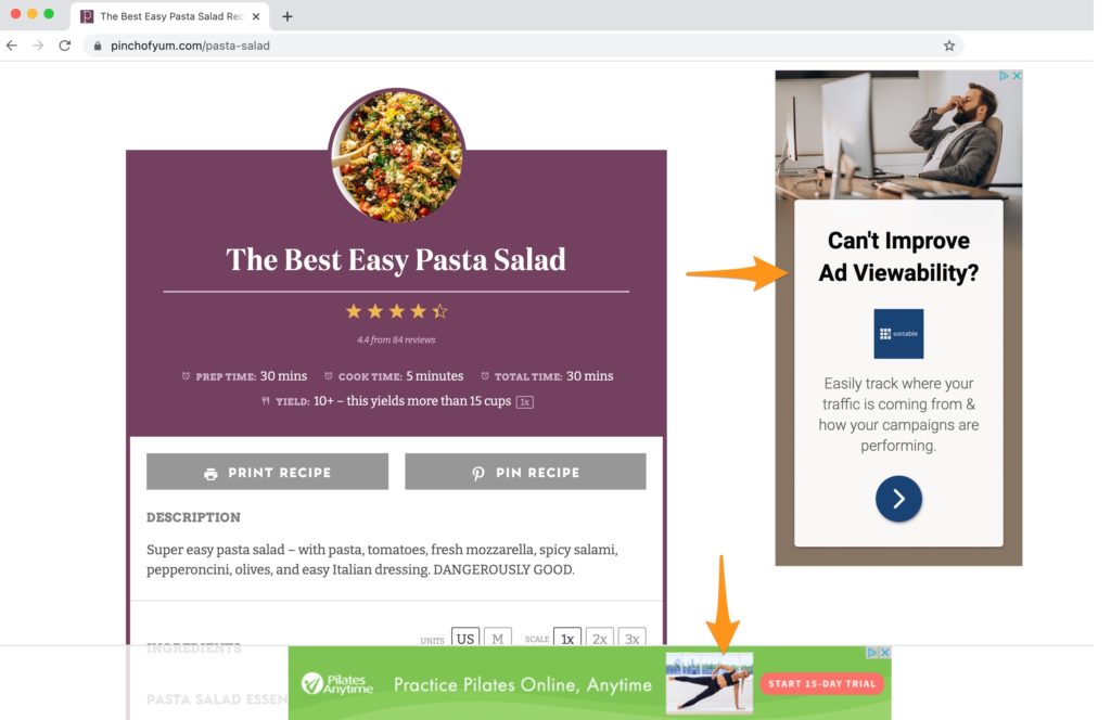Screenshot of Pinch of Yum The Best Easy Pasta Salad Recipe with arrows pointing to the ads on the page