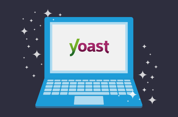 Graphic of blue laptop in front of a dark blue background with the Yoast SEO logo on the screen