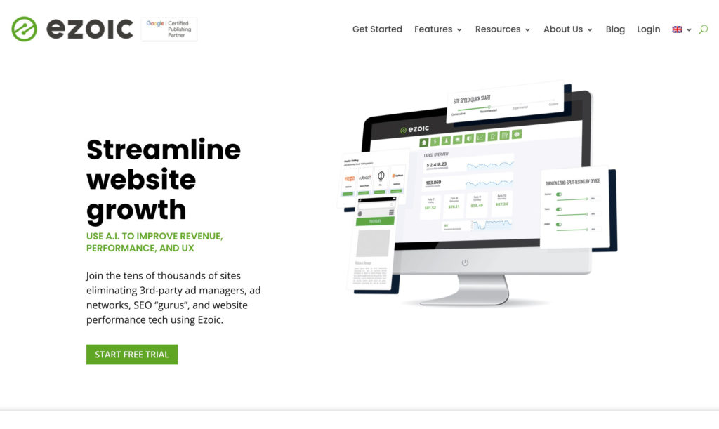 Screenshot of Ezoic homepage that reads 'Streamline website growth'