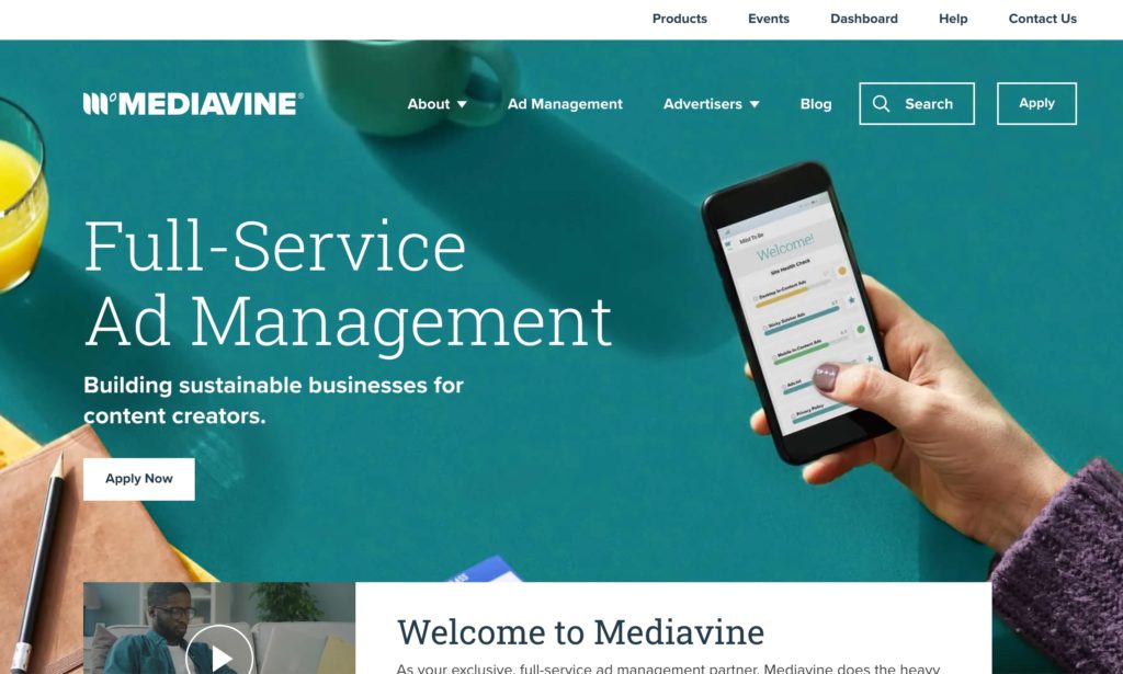 Screenshot of the Mediavine homepage that reads 'Full-Service Ad Management'