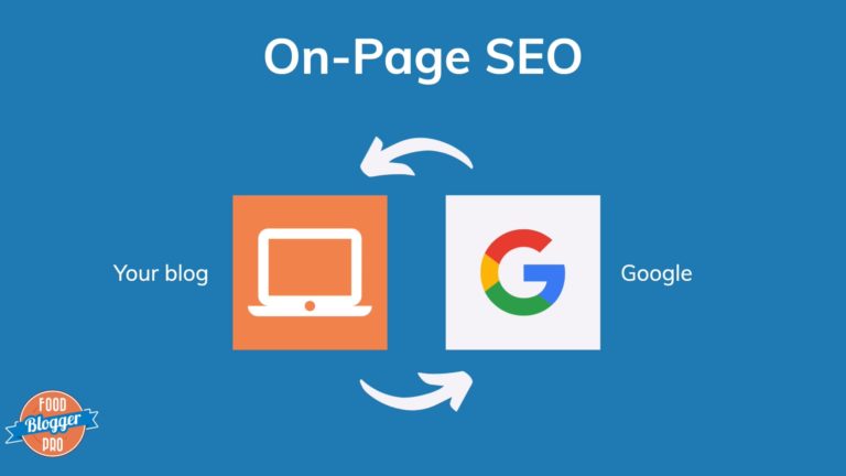 Blue slide with Food Blogger Pro logo that reads 'On-Page SEO' with a computer icon and Google and arrows pointing from one to the other