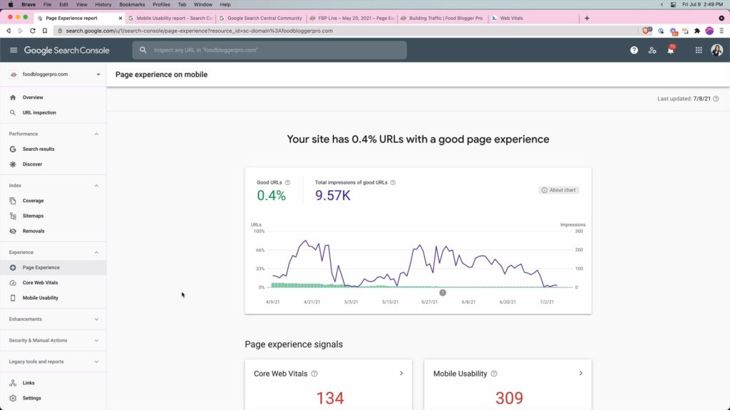 Screenshot of the Page Experience page on Google Search Console