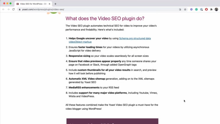 Screenshot of Yoast's blog post giving an overview of the Video for SEO WordPress plugin