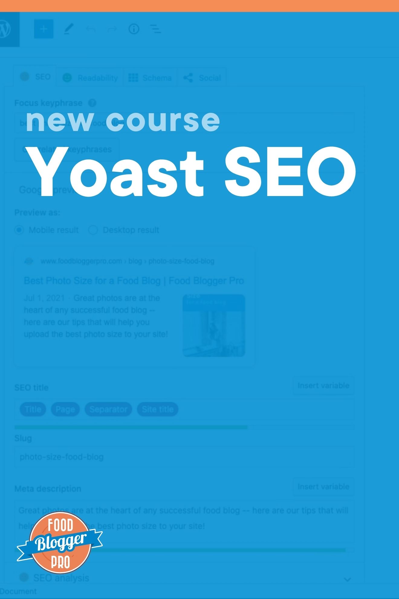 Screenshot of Yoast SEO settings behind a blue background that reads 'New Course: Yoast SEO'