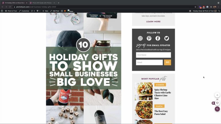 Screenshot of the '10 Holiday Gifts to Show Small Businesses Big Love' post on Pinch of Yum