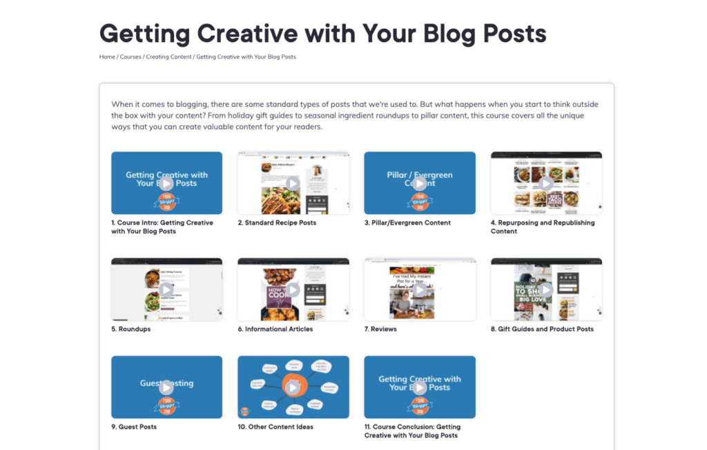 Screenshot of the Getting Creative with your Blog Posts course on Food Blogger Pro