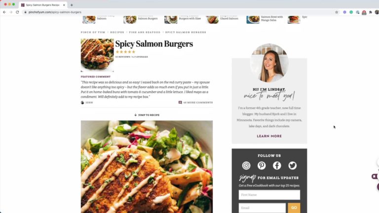 Screenshot of the spicy salmon burgers recipe on Pinch of Yum