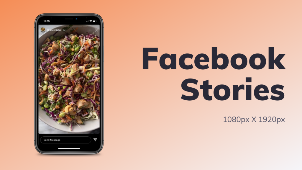 Screenshot of video on an iPhone that reads 'Facebook Stories, 1080 X 1920 px'