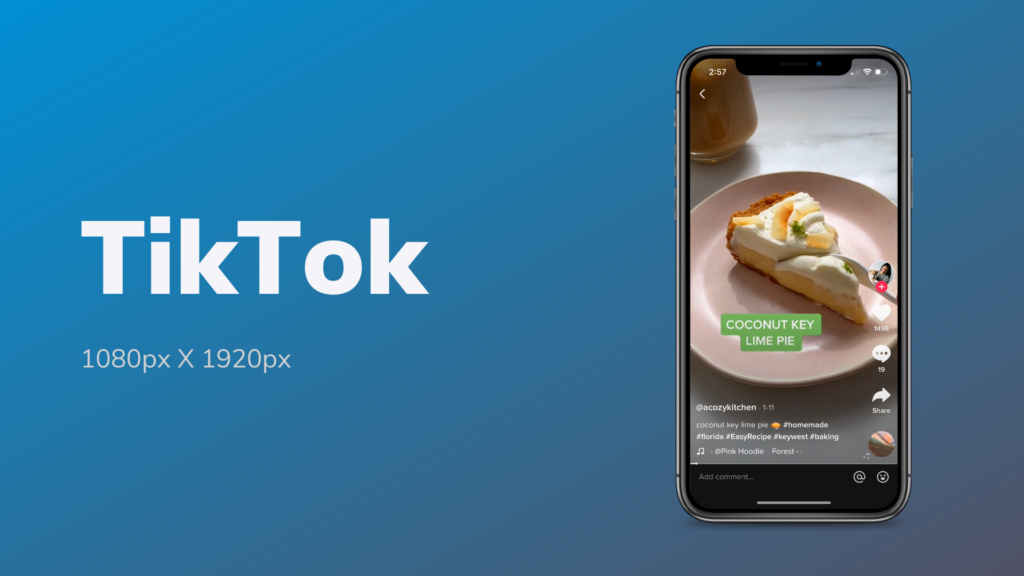 A phone with a screenshot of a TikTok video with the video size recommendation 1080px X 1920px