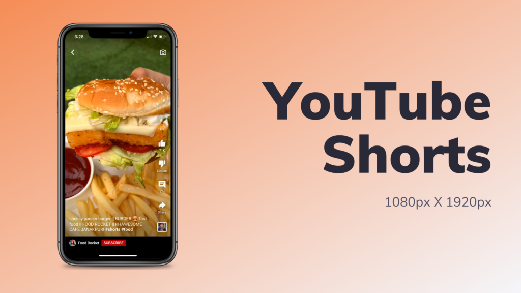 A phone with a screenshot of a YouTube Shorts video with the video size recommendation 1080px X 1920px