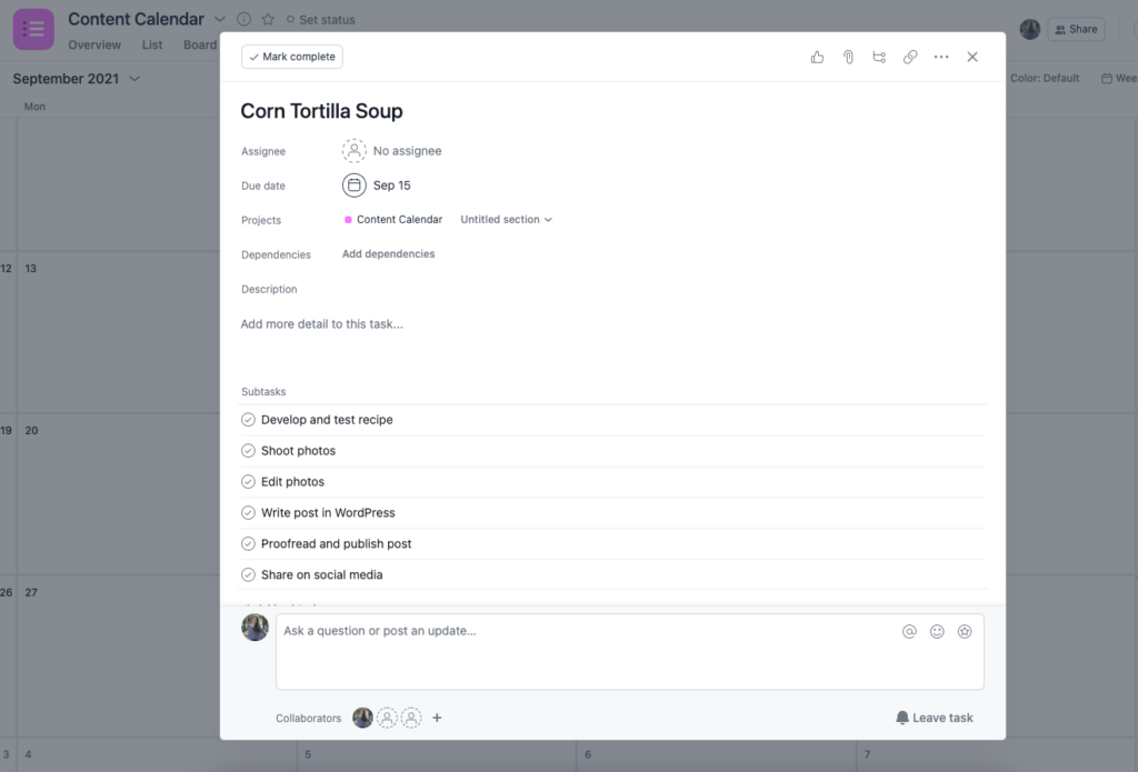 Screenshot of a Corn Tortilla soup task in Asana with subtasks