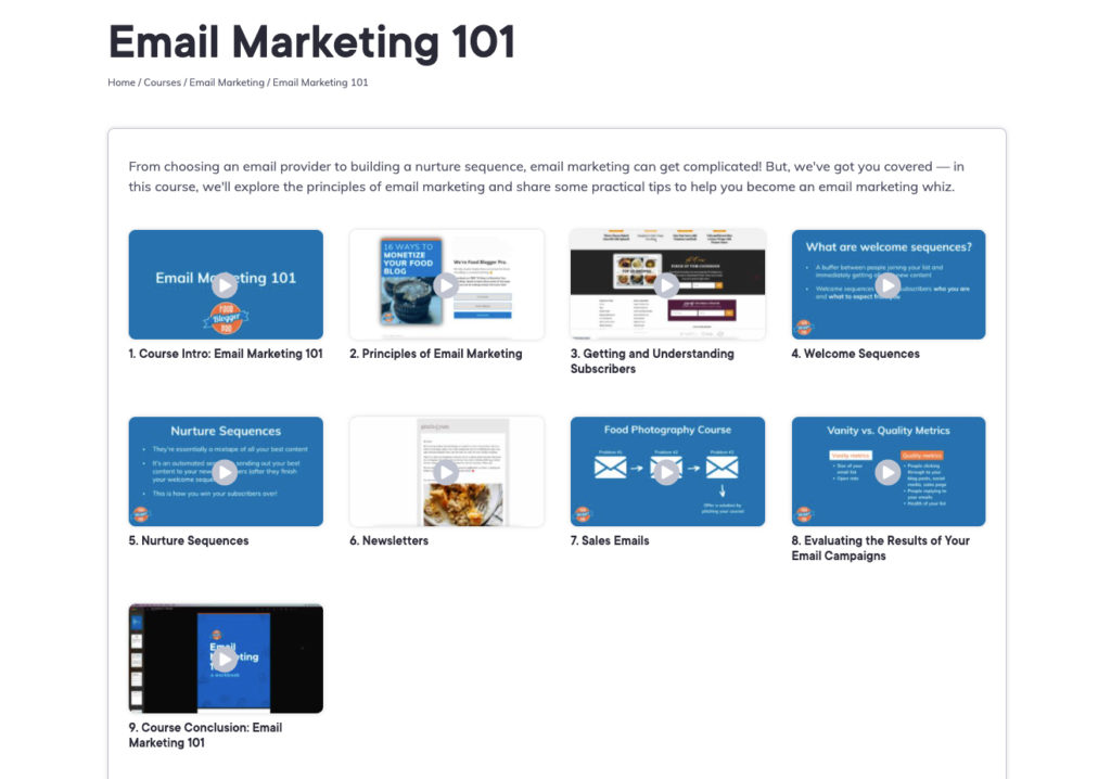 Screenshot of the Email Marketing 101 course on Food Blogger Pro