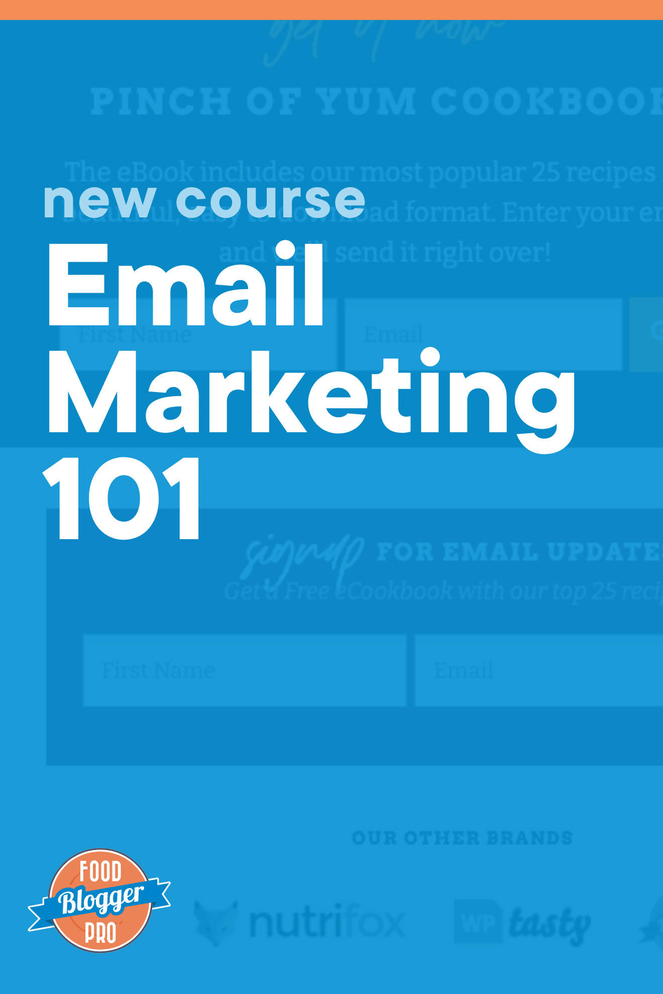 Blue graphic of Pinch of Yum email signup forms that reads 'New Course: Email Marketing 101' with Food Blogger Pro logo