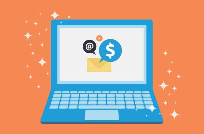Blue laptop graphic against an orange background that has an email icon with a money icon next to it