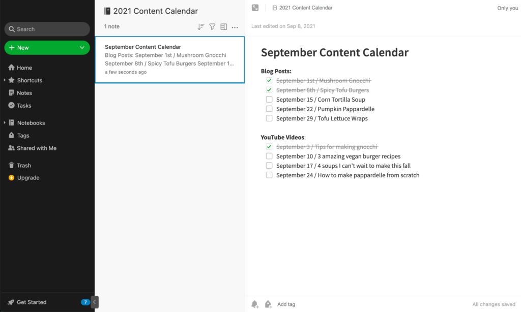 Screenshot of a content calendar in Evernote