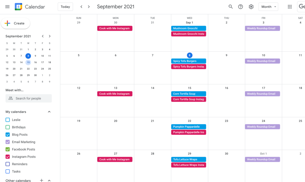 Screenshot of content calendar in Google Calendar