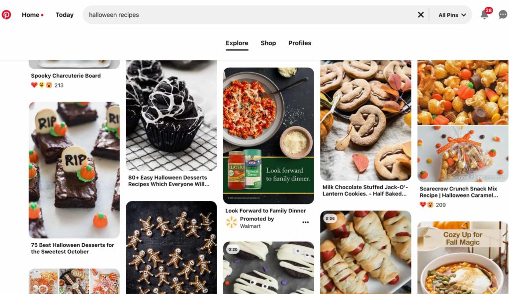 Screenshot of the search 'Halloween recipes' on Pinterest