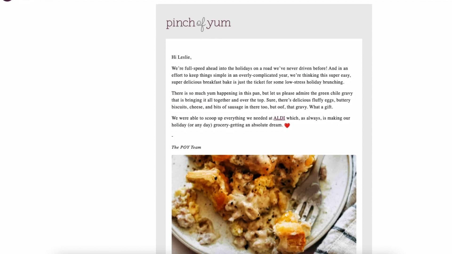Screenshot of a Pinch of Yum recipe newsletter email