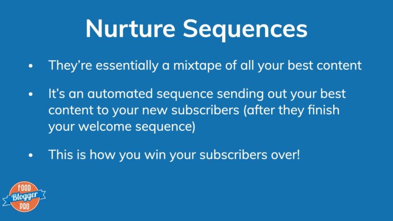 Blue slide with Food Blogger Pro logo that reads 'Nurture Sequences' with some description text