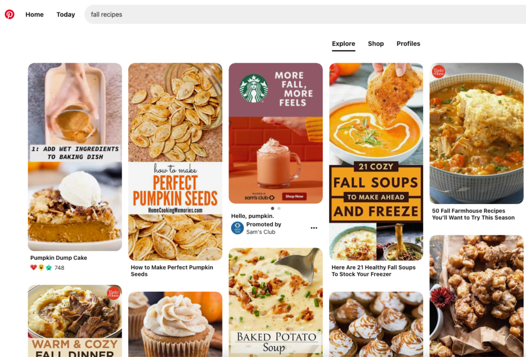 Screenshot of a search for fall recipes on Pinterest