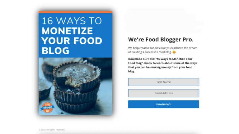 Screenshot of a Food Blogger Pro email landing page