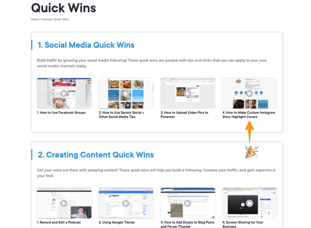 Screenshot of the Quick Wins page on Food Blogger Pro with an arrow and party emoji pointing to the How to Make Custom Instagram Story Highlight Covers quick win 