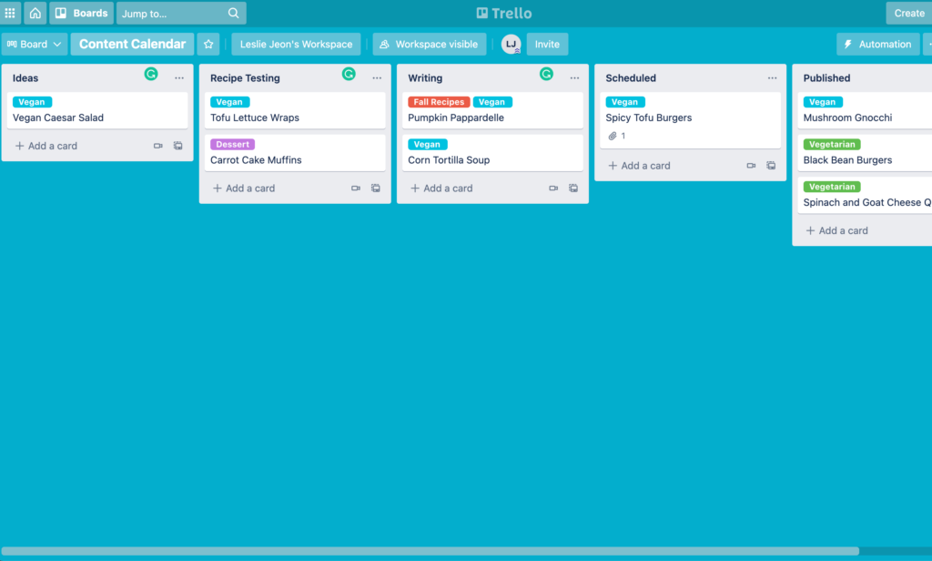 Screenshot of a content calendar board in Trello 