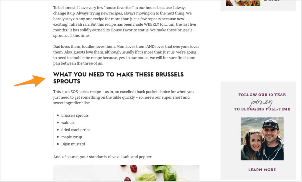 Screenshot of the Pinch of Yum House Favorite Brussels Sprouts recipe with an arrow pointing to the heading 'What you need to make these brussels sprouts'