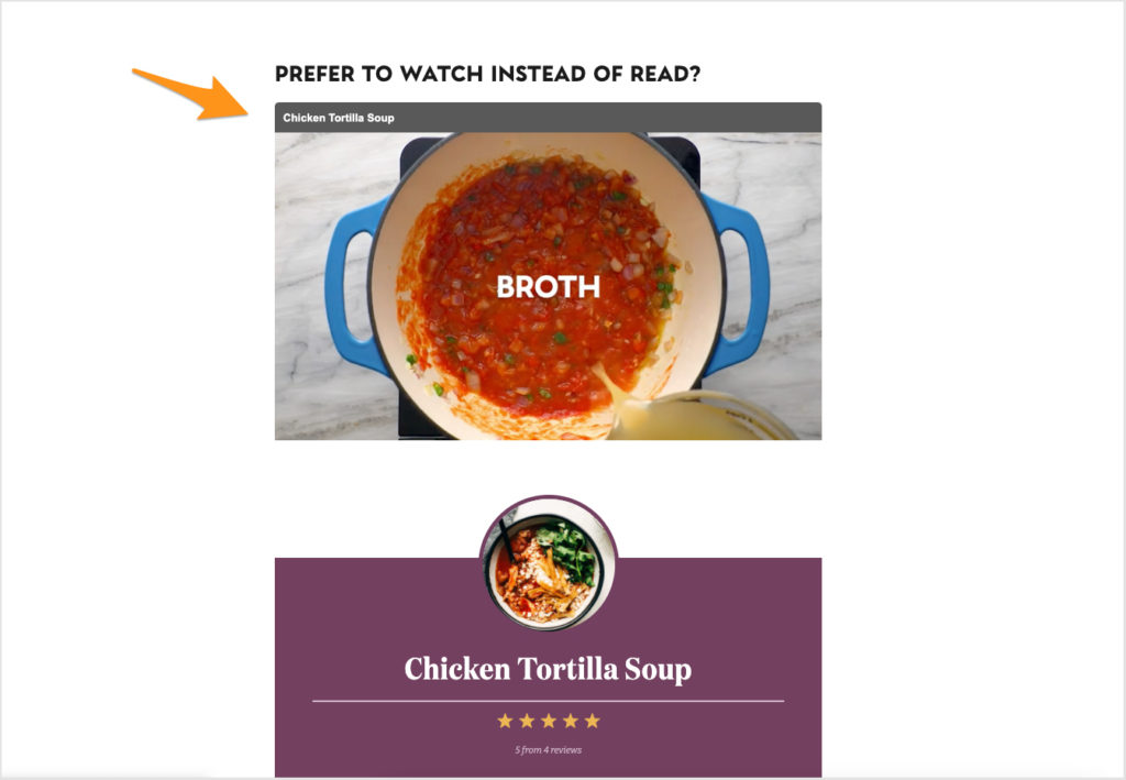 The Chicken Tortilla Soup recipe on Pinch of Yum with an arrow pointing to the AdThrive video embed