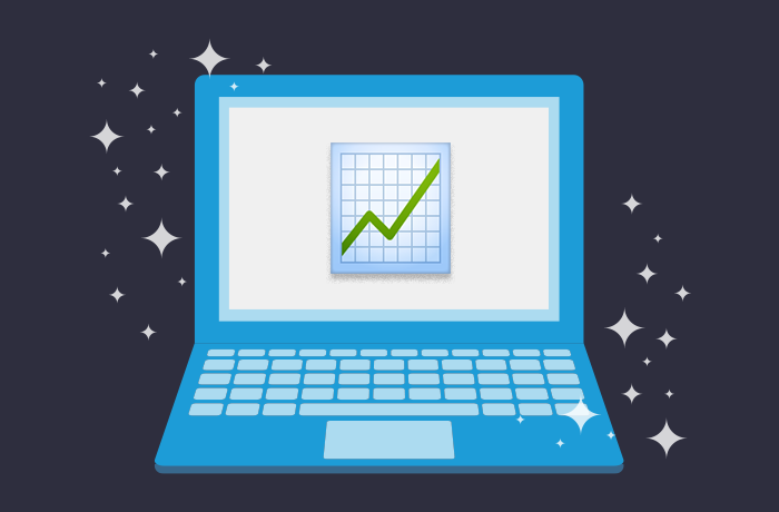 Graphic of blue laptop with a graphic of a graph with an upward curve