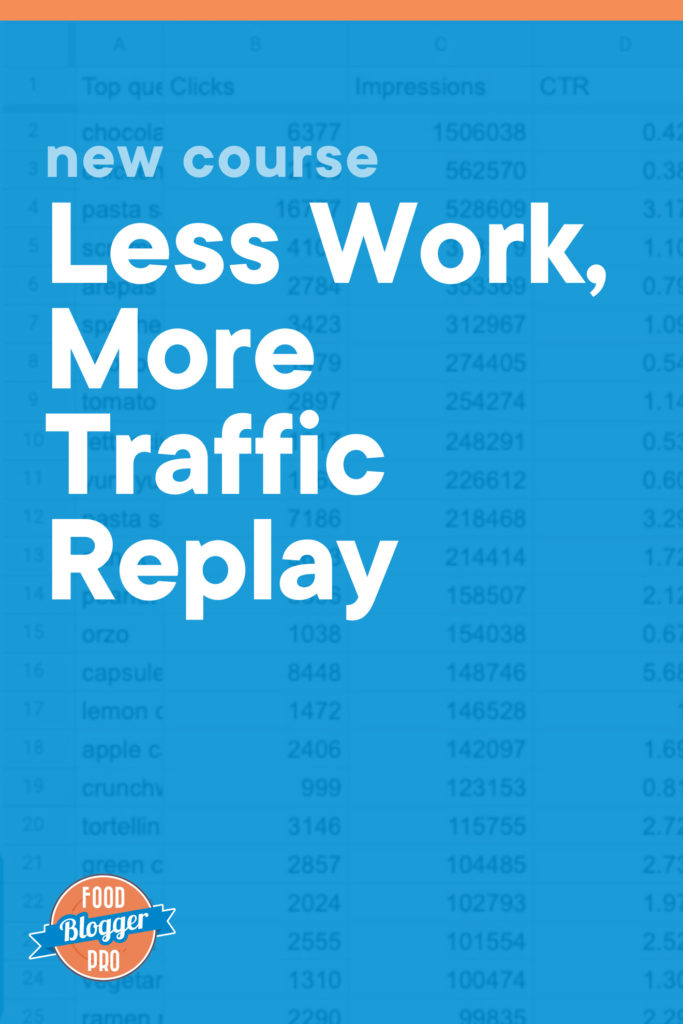Blue graphic of Google Spreadsheet data that reads 'New Course: Less Work, More Traffic Replay' with Food Blogger Pro logo