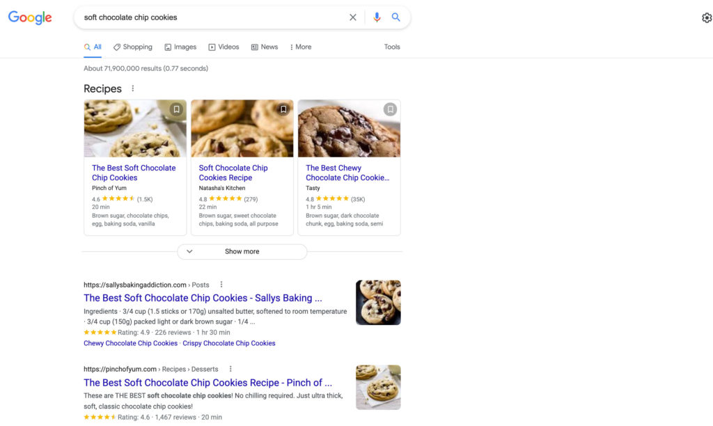 Screenshot of the Google search results for 'soft chocolate chip cookies'