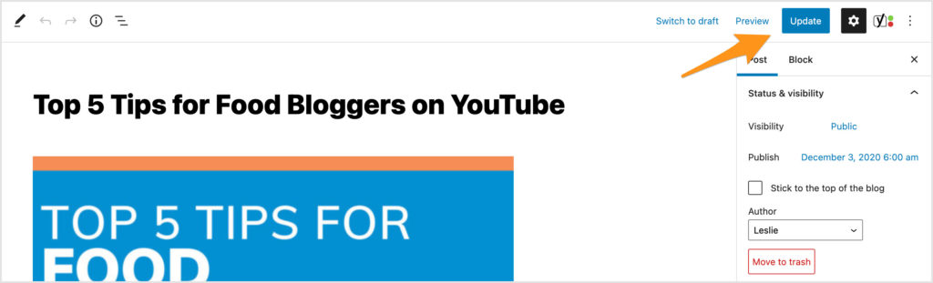 Screenshot of the 'Top 5 Tips for Food Bloggers on YouTube' post with an arrow pointing to the Update button