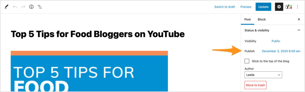 Screenshot of the 'Top 5 Tips for Food Bloggers on YouTube' post with an arrow pointing to the Published Date